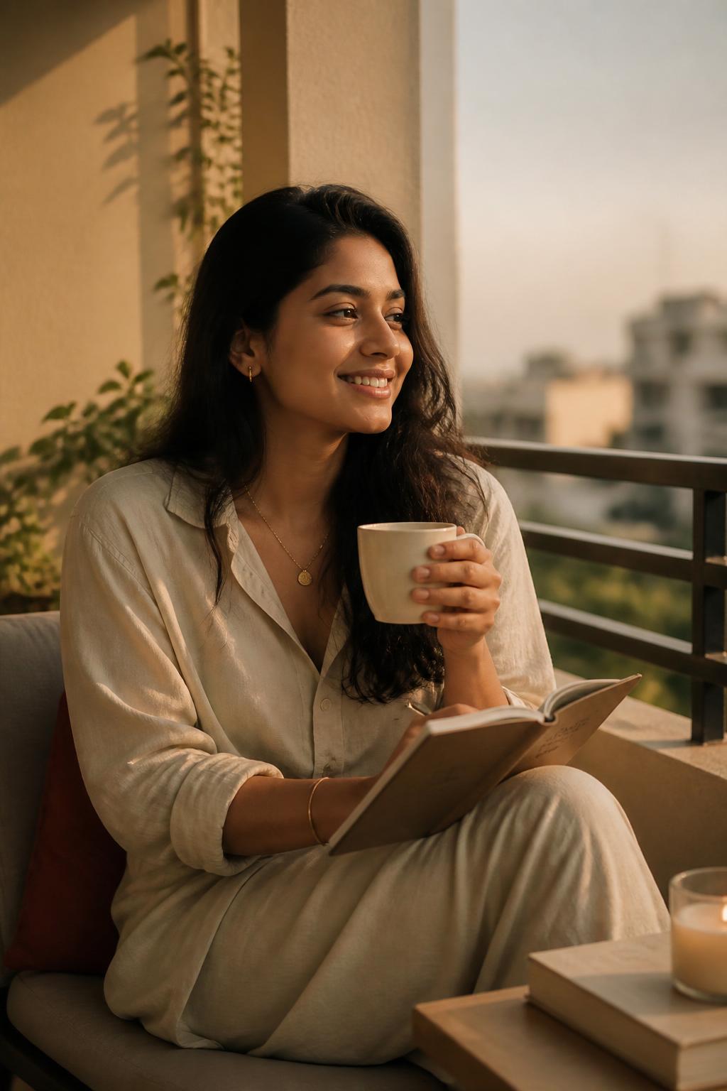A woman pausing with a journal and coffee at golden hour